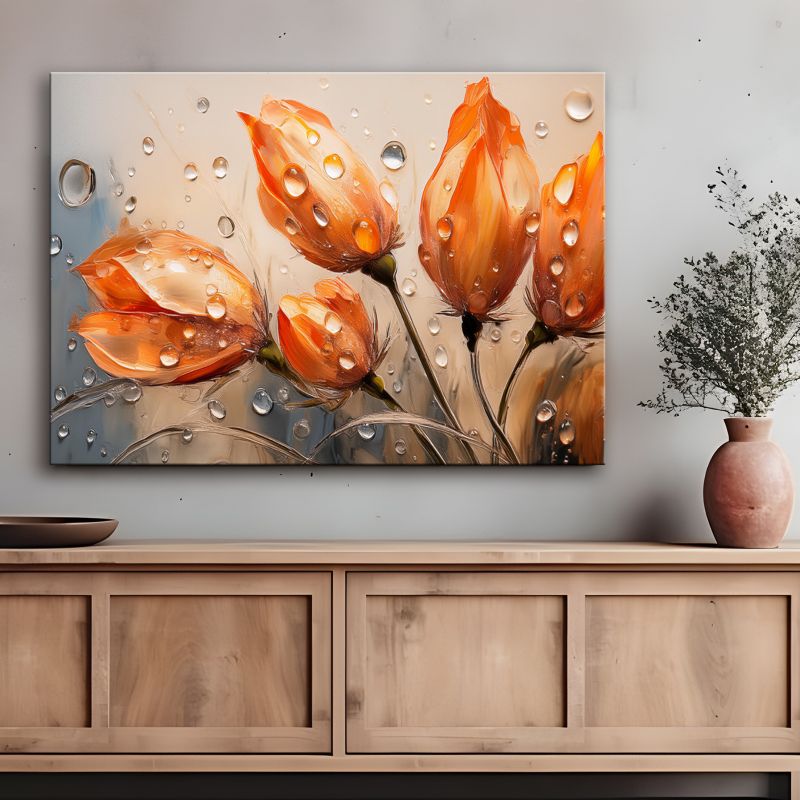 Obraz do salonu Feeby Tulipany Kwiaty Pomarańczowe Krople 60x40 cm 1 szt