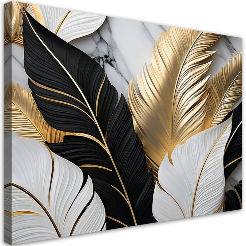 Obraz do salonu Feeby Złoto Czarno Białe Liście Palmy Marmur 100x70 cm 1szt
