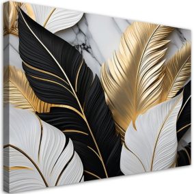 Obraz do salonu Feeby Złoto Czarno Białe Liście Palmy Marmur 100x70 cm 1szt