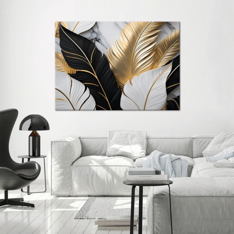 Obraz do salonu Feeby Złoto Czarno Białe Liście Palmy Marmur 100x70 cm 1szt