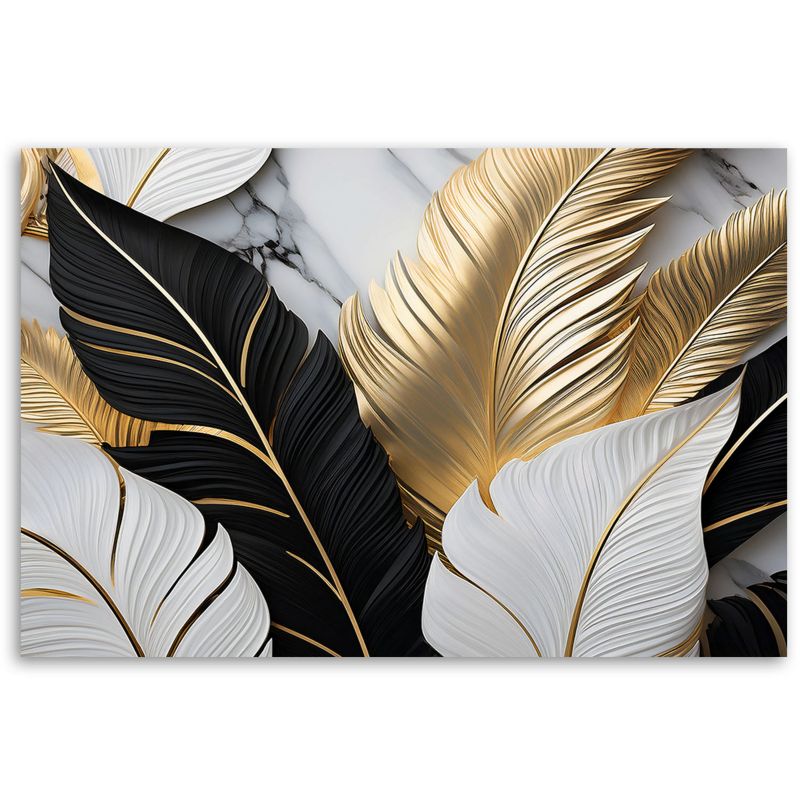 Obraz do salonu Feeby Złoto Czarno Białe Liście Palmy Marmur 100x70 cm 1szt
