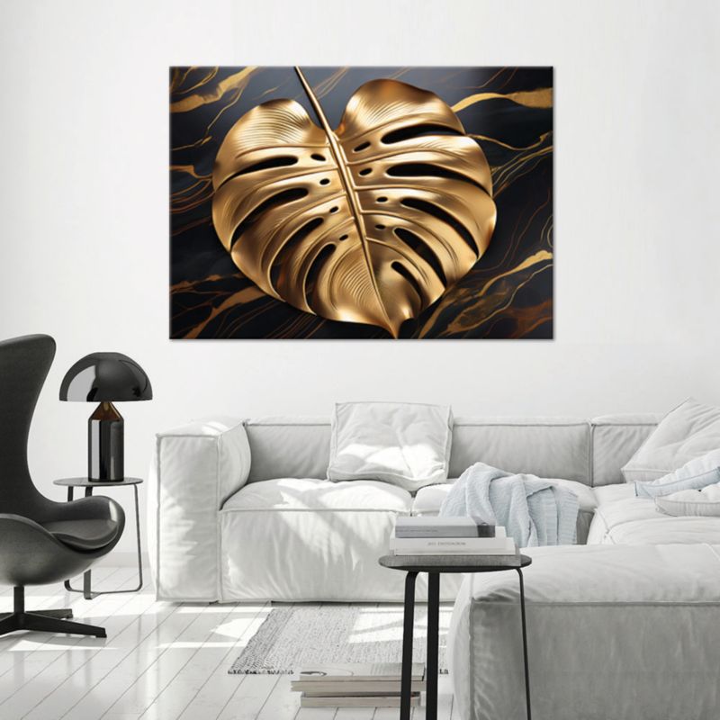 Obraz do salonu Feeby Złoty Liść Monstery Marmur Czarny 90x60 cm 1szt