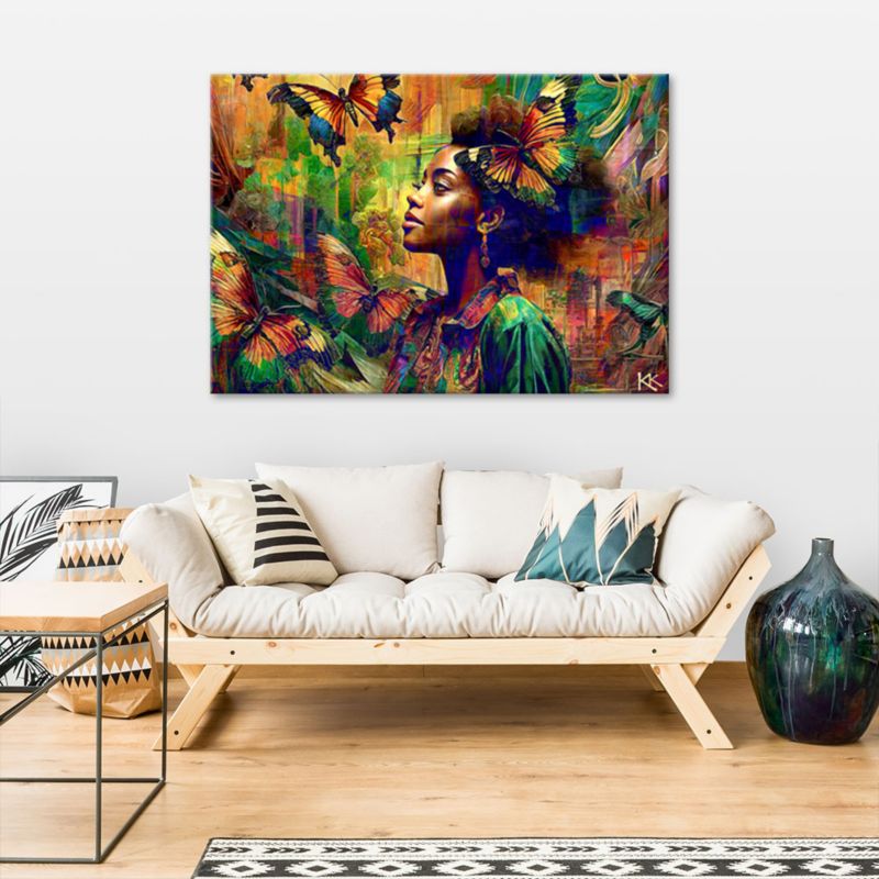 Obraz do salonu pokoju nowoczesny Feeby Kobieta Motyle Abstrakcja Kolorowy 90x60cm 1szt