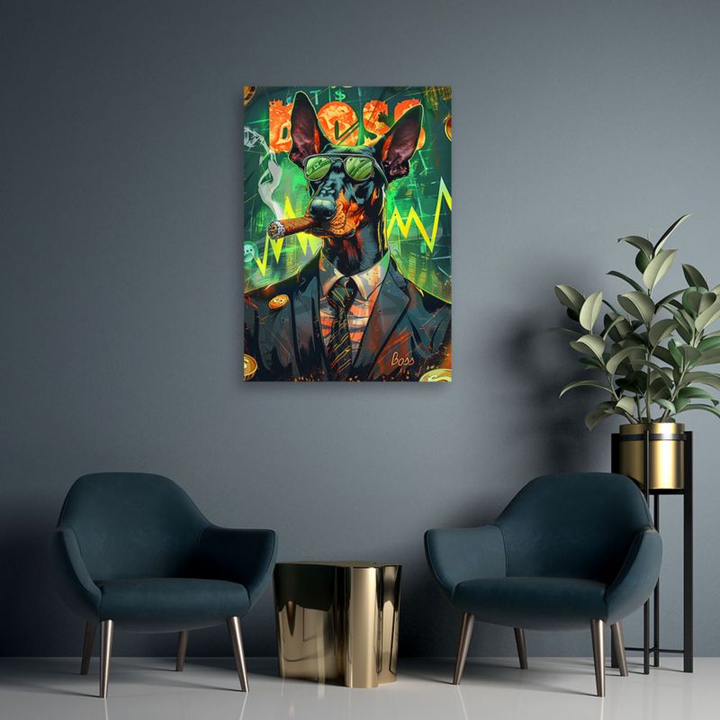 Obraz do salonu pokoju nowoczesny Feeby Kolorowy Pies Boss 70x100cm 1szt