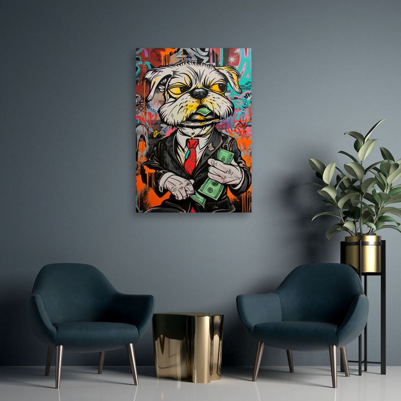 Obraz do salonu pokoju nowoczesny Feeby Pies Dolary pop art 70x100cm 1szt