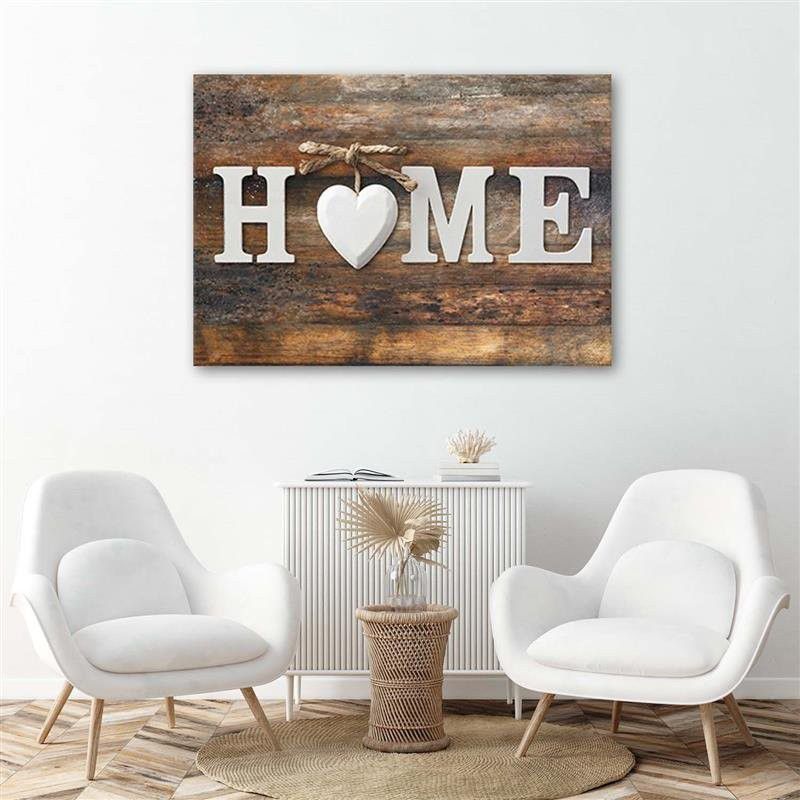 Obraz do salonu przedpokoju Feeby Napis Home Serce Vintage Brązowy 90x60cm 1szt