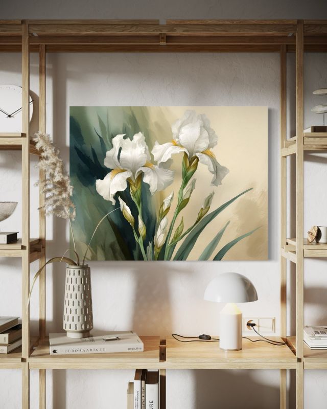 Obraz do salonu sypialni Feeby Białe Irysy Kwiaty Beżowy 120x80 cm 1szt