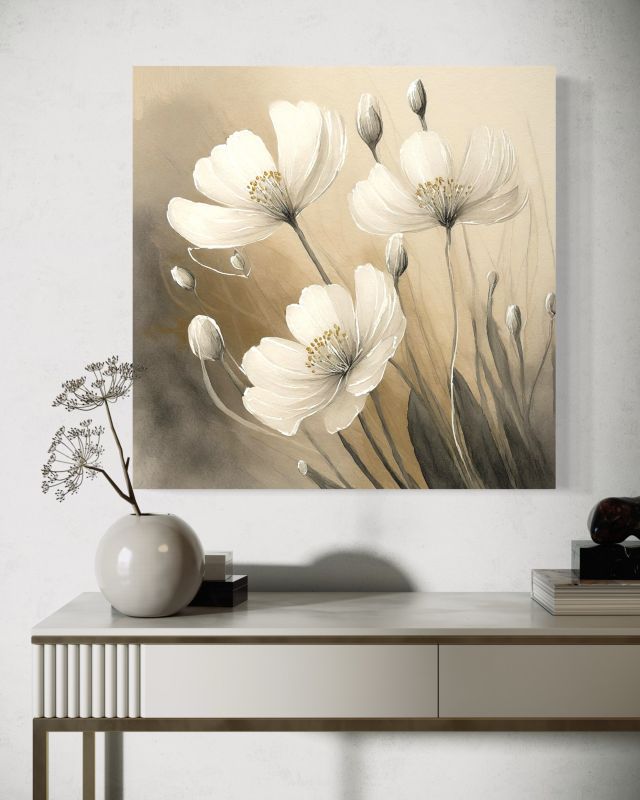 Obraz do salonu sypialni Feeby Białe Kwiaty Botanika Beżowy 60x60 cm 1szt