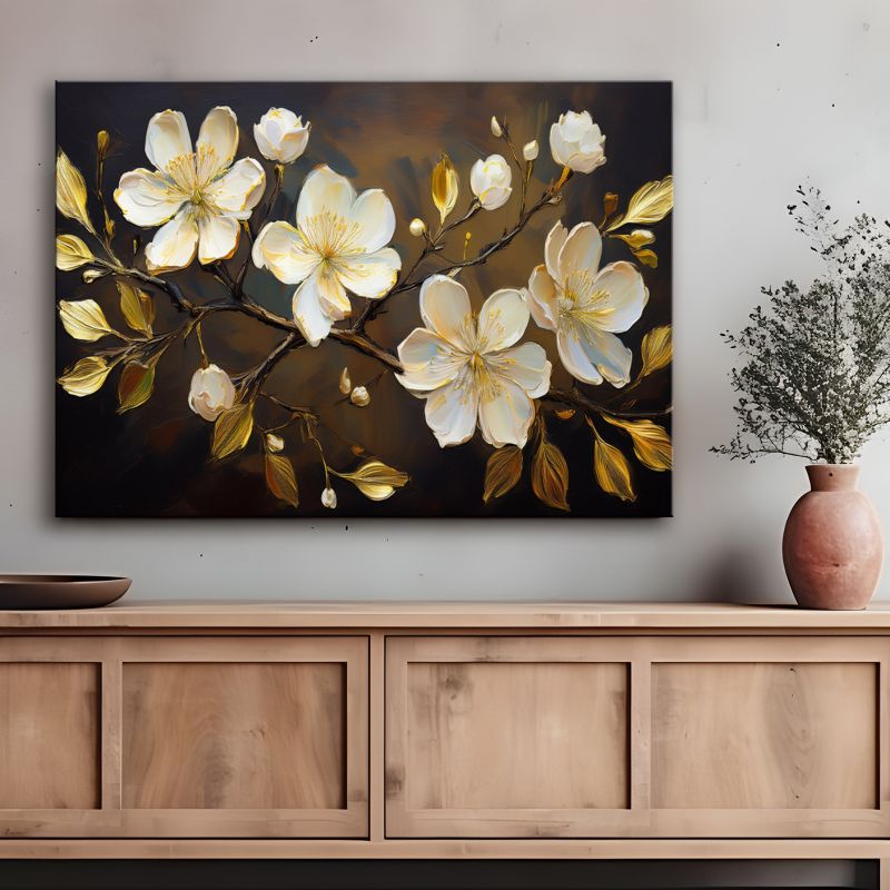 Obraz do salonu sypialni Feeby Białe Kwiaty na Gałązce Brązowy 90x60 cm 1 szt