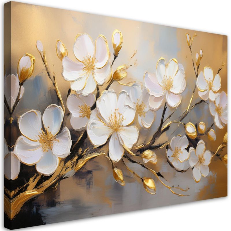 Obraz do salonu sypialni Feeby Białe Kwiaty na gałązce Złoty 90x60 cm 1 szt