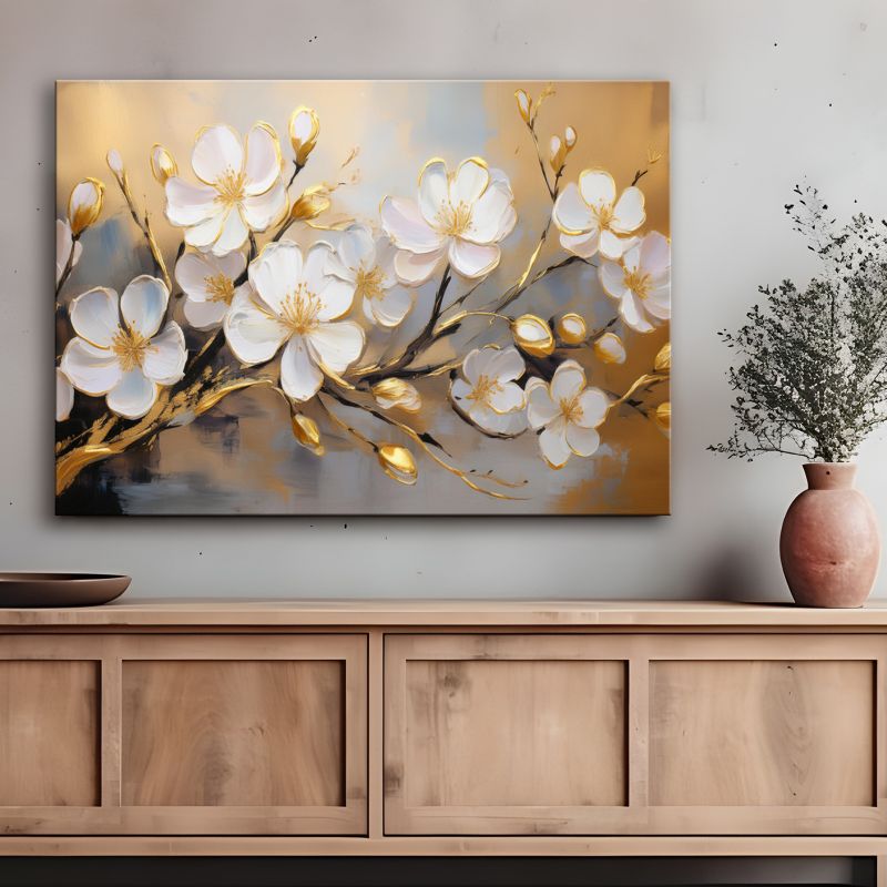 Obraz do salonu sypialni Feeby Białe Kwiaty na gałązce Złoty 90x60 cm 1 szt