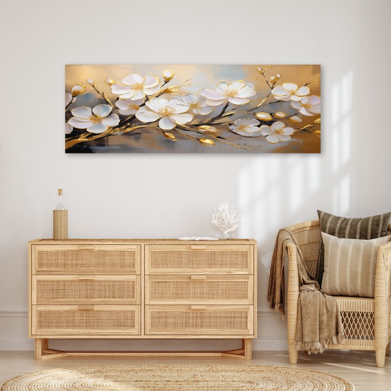 Obraz do salonu sypialni Feeby Białe Kwiaty Rośliny Złoty 120x40 cm 1 szt