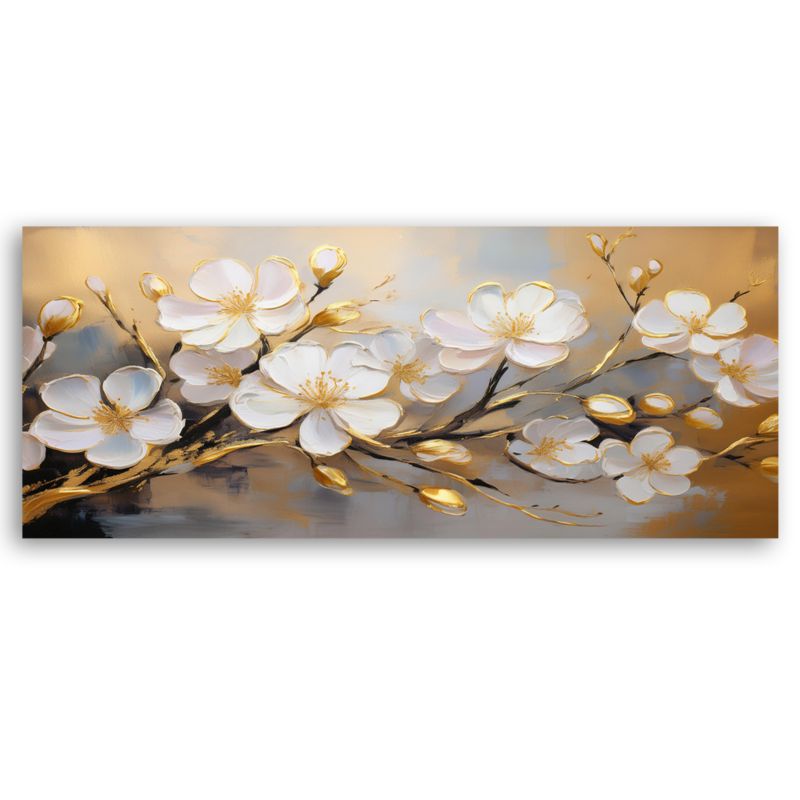 Obraz do salonu sypialni Feeby Białe Kwiaty Rośliny Złoty 120x40 cm 1 szt