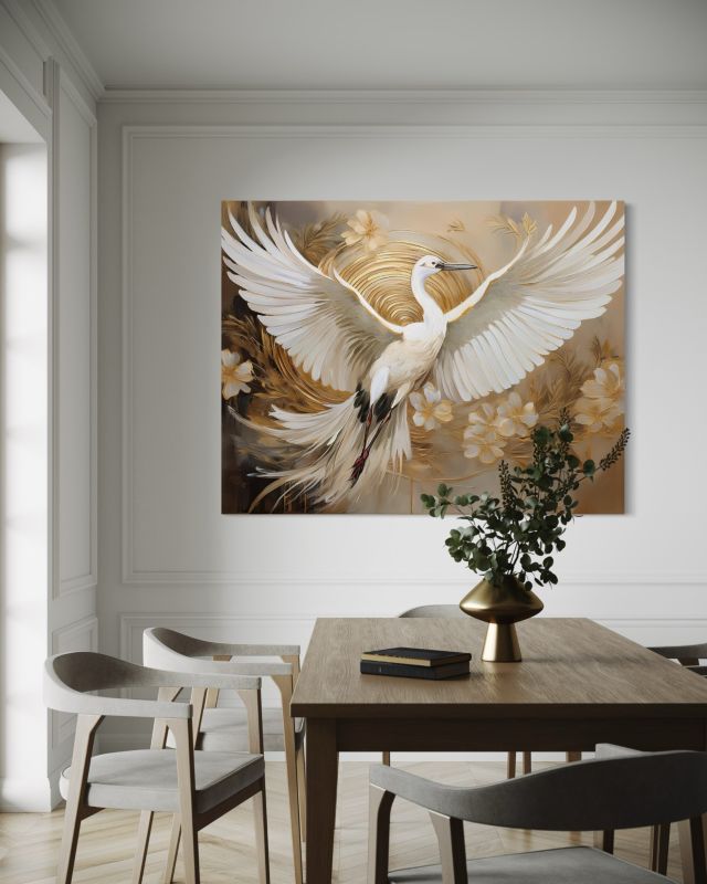 Obraz do salonu sypialni Feeby Boały Żuraw Ptak Kwiaty 90x60 cm 1szt