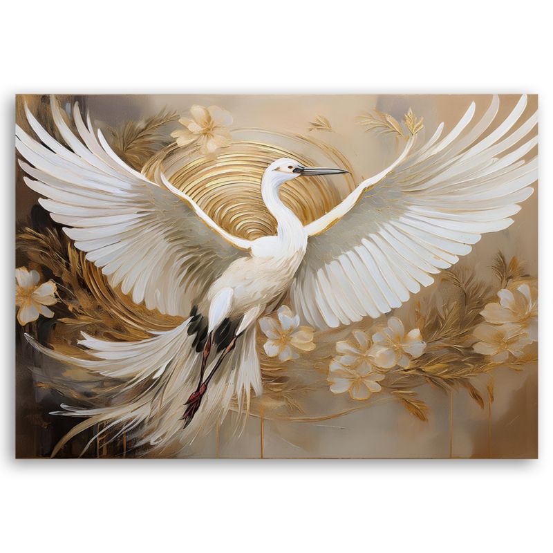 Obraz do salonu sypialni Feeby Boały Żuraw Ptak Kwiaty 90x60 cm 1szt