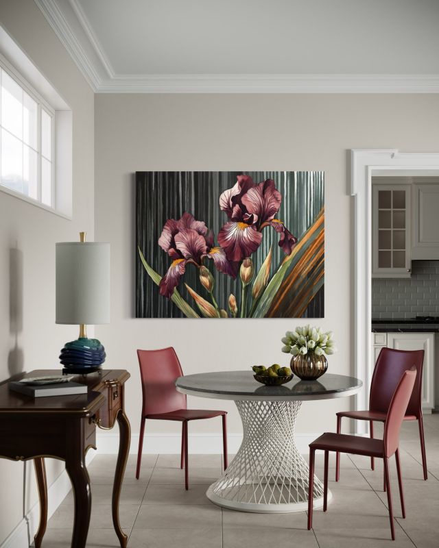 Obraz do salonu sypialni Feeby Burgundowe Irysy Kwiaty 90x60 cm 1szt