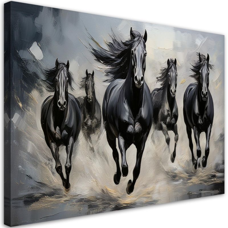Obraz do salonu sypialni Feeby Czarne Konie Zwierzęta Galop 90x60 cm 1szt