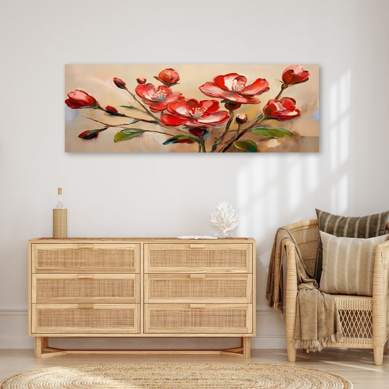 Obraz do salonu sypialni Feeby Czerwone Kwitnące Kwiaty Beżowy 120x40 cm 1 szt