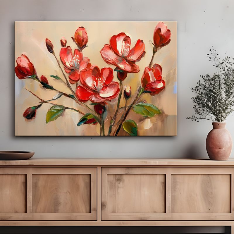 Obraz do salonu sypialni Feeby Czerwone Kwitnące Kwiaty Rośliny 120x80 cm 1 szt