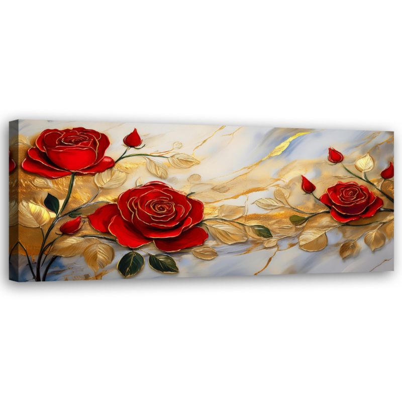 Obraz do salonu sypialni Feeby Czerwone Róże Złoto Marmur 120x40 cm 1 szt