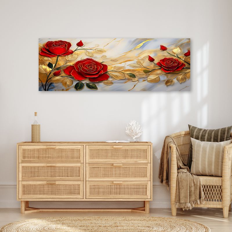 Obraz do salonu sypialni Feeby Czerwone Róże Złoto Marmur 120x40 cm 1 szt