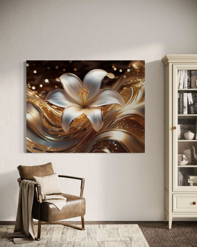 Obraz do salonu sypialni Feeby Diament Złoty Kwiat Lilii 90x60 cm 1szt