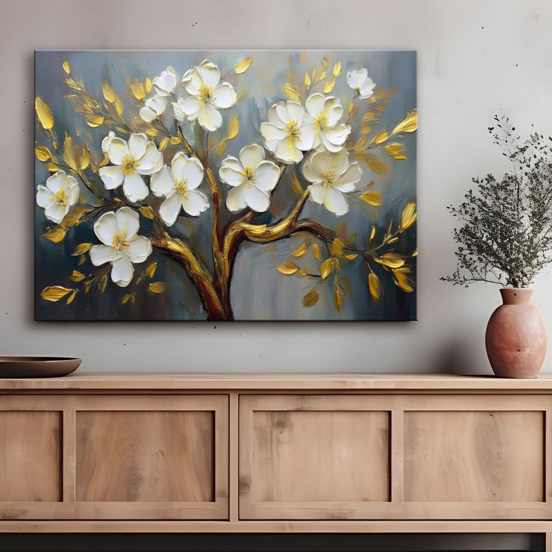Obraz do salonu sypialni Feeby Drzewo Białe Kwiaty Rośliny 90x60 cm 1 szt