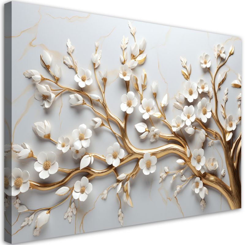 Obraz do salonu sypialni Feeby Drzewo Liście Biały Złoty 3D 120x80cm 1szt