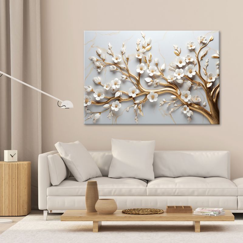 Obraz do salonu sypialni Feeby Drzewo Liście Biały Złoty 3D 120x80cm 1szt