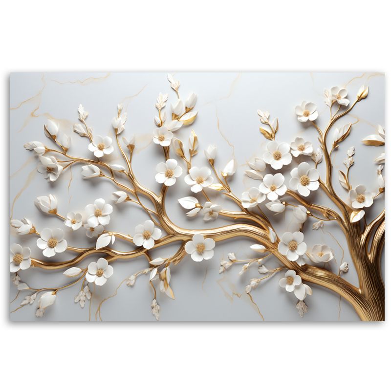 Obraz do salonu sypialni Feeby Drzewo Liście Biały Złoty 3D 120x80cm 1szt