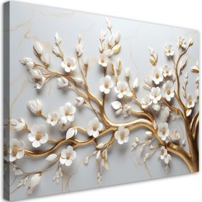 Obraz do salonu sypialni Feeby Drzewo Liście Biały Złoty 3D 90x60cm 1szt