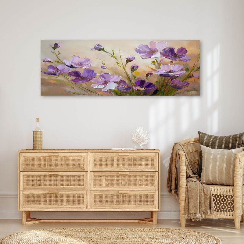 Obraz do salonu sypialni Feeby Fioletowe Kwiaty Rośliny Beżowy 120x40 cm 1 szt
