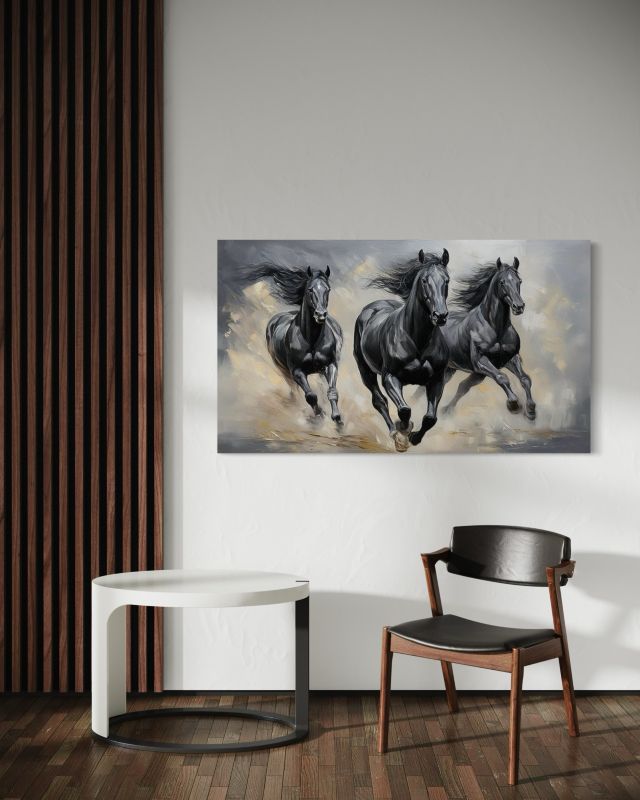 Obraz do salonu sypialni Feeby Galopujące Czarne Konie 100x70 cm 1szt