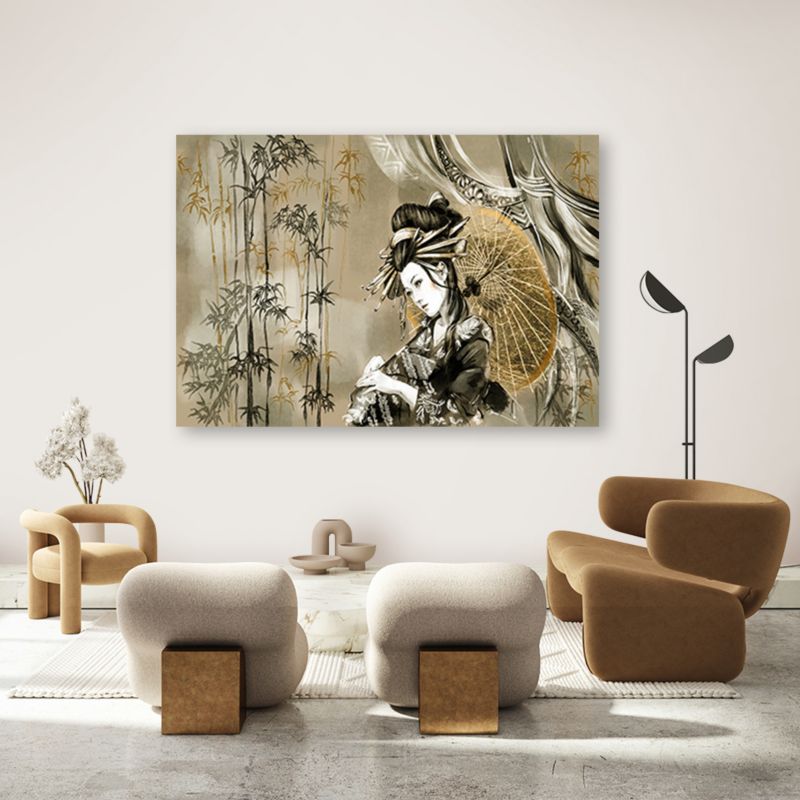Obraz do salonu sypialni Feeby Gejsza Bambusy Beżowy 60x40cm 1szt