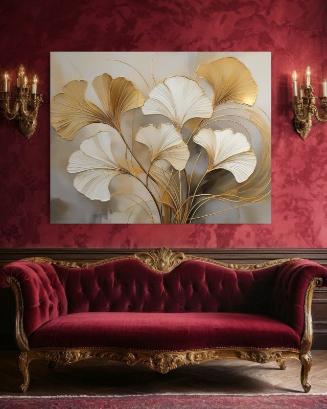 Obraz do salonu sypialni Feeby Ginko Liście Botanika Beżowy 120x80 cm 1szt