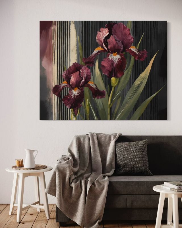 Obraz do salonu sypialni Feeby Irysy Kwiaty Czerwone Botanika 120x80 cm 1szt