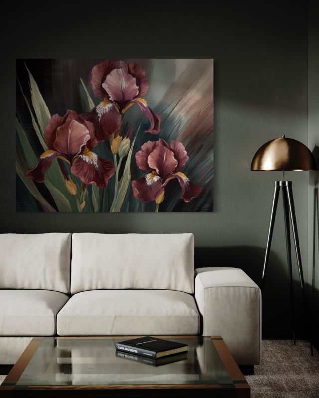 Obraz do salonu sypialni Feeby Irysy Kwiaty Rośliny Czerwony 120x80 cm 1szt