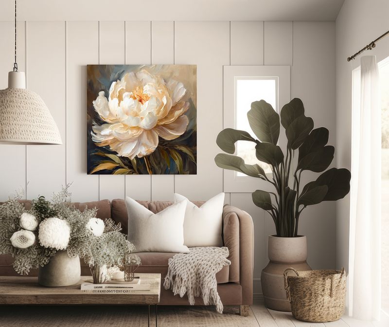 Obraz do salonu sypialni Feeby Kwiat Piwonii Kremowy 60x60 cm 1szt