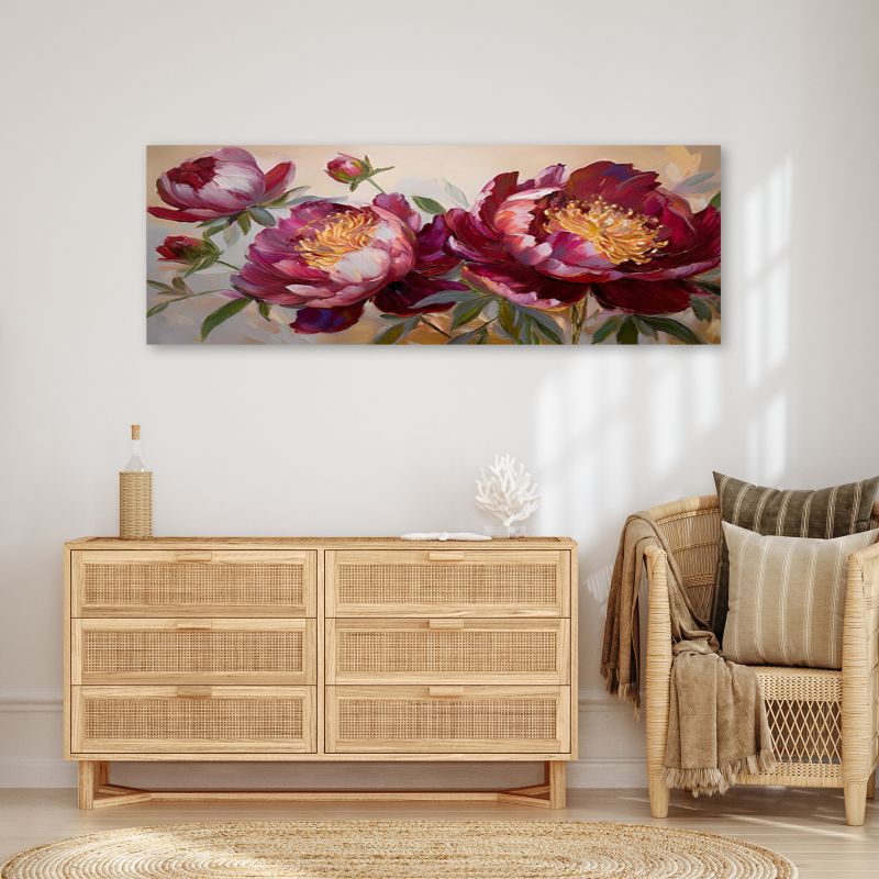 Obraz do salonu sypialni Feeby Kwiaty Piwonii Czerwone Natura 90x30 cm 1 szt