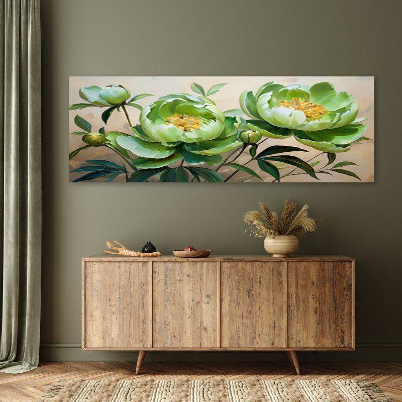 Obraz do salonu sypialni Feeby Kwiaty Piwonii Zielone Kompozycja 120x40 cm 1 szt