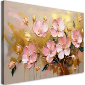 Obraz do salonu sypialni Feeby Kwiaty Różowe Glamour Złoty 100x70 cm 1 szt