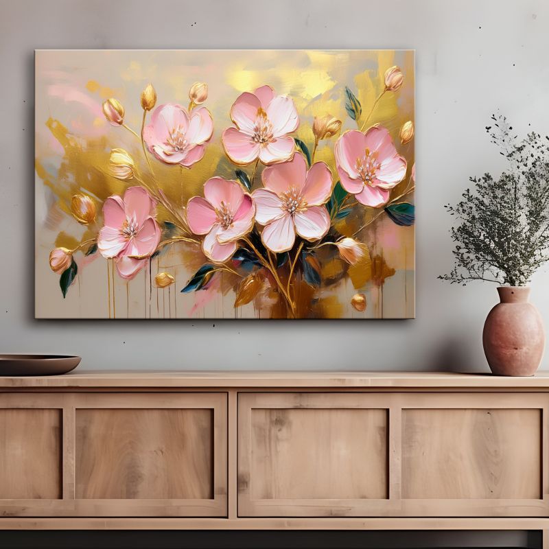 Obraz do salonu sypialni Feeby Kwiaty Różowe Glamour Złoty 100x70 cm 1 szt
