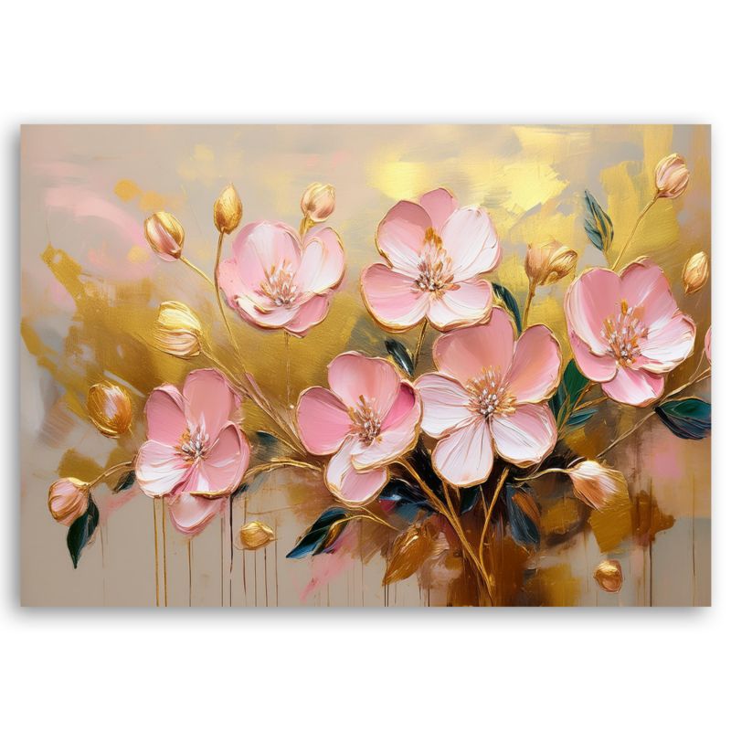 Obraz do salonu sypialni Feeby Kwiaty Różowe Glamour Złoty 90x60 cm 1 szt