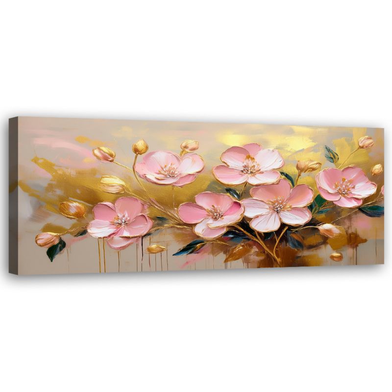 Obraz do salonu sypialni Feeby Kwiaty Różowe Rośliny Złoty 120x40 cm 1 szt