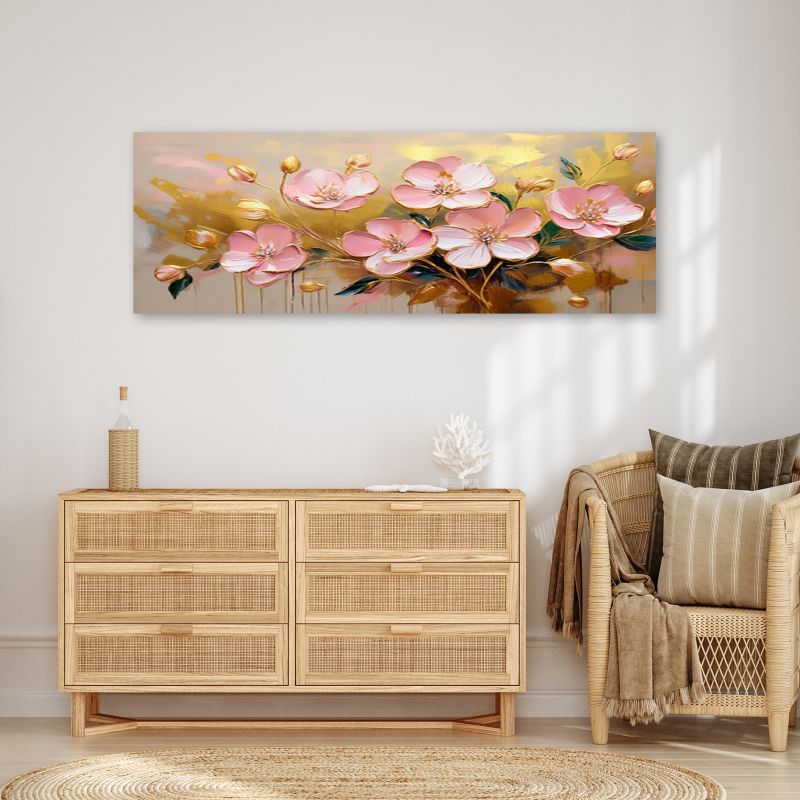 Obraz do salonu sypialni Feeby Kwiaty Różowe Rośliny Złoty 120x40 cm 1 szt