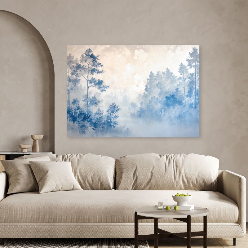 Obraz do salonu sypialni Feeby Las Mgła Pejzaż Niebieski 100x70 cm 1szt