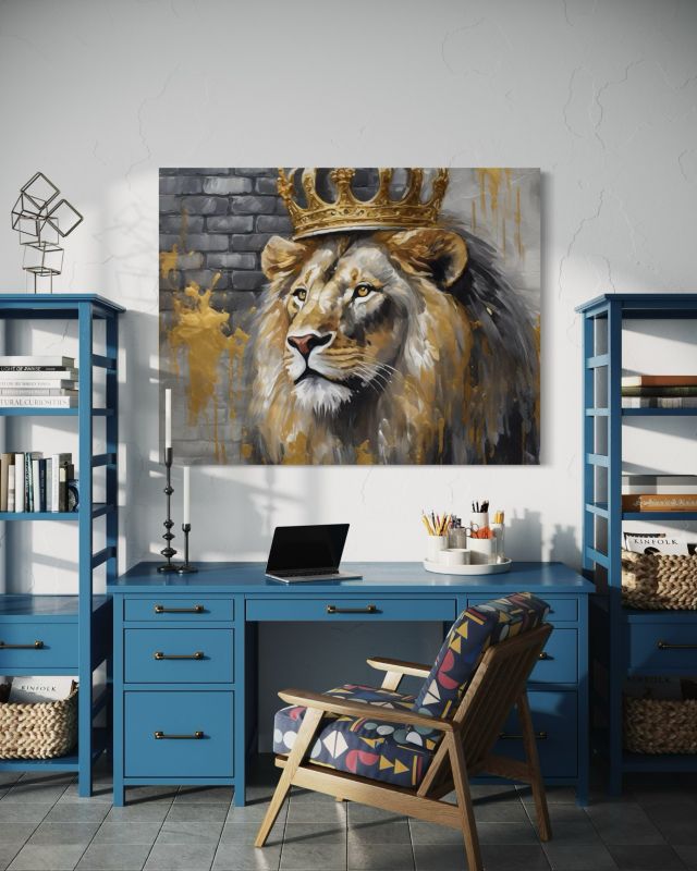 Obraz do salonu sypialni Feeby Lew Złota Korona 90x60 cm 1szt