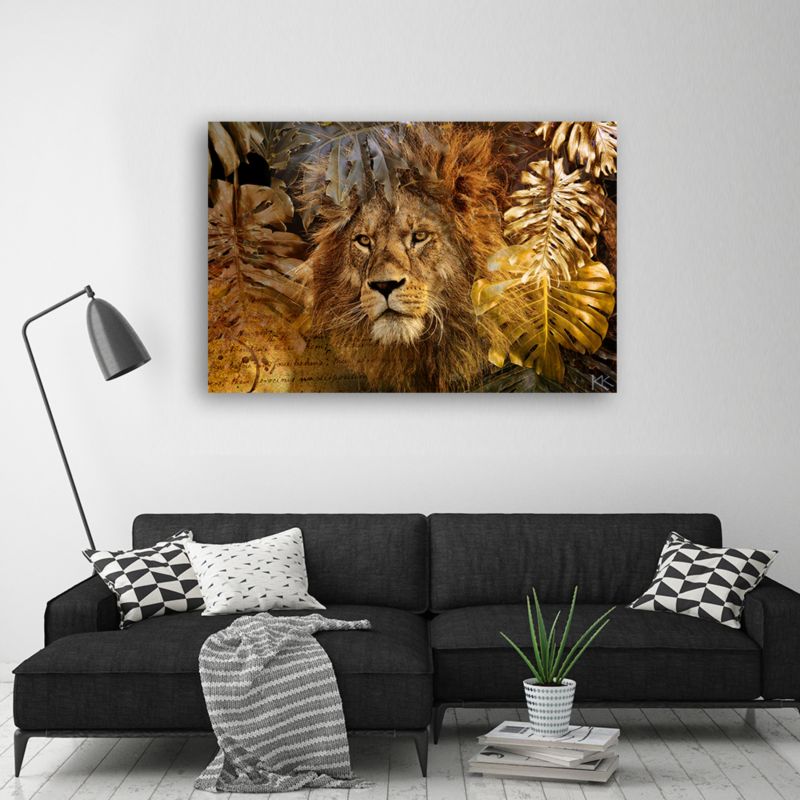 Obraz do salonu sypialni Feeby Lew Złote Liście Monstera 60x40cm 1szt