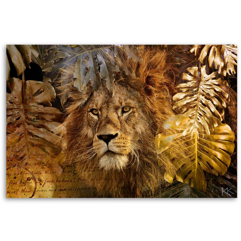 Obraz do salonu sypialni Feeby Lew Złote Liście Monstera 90x60cm 1szt