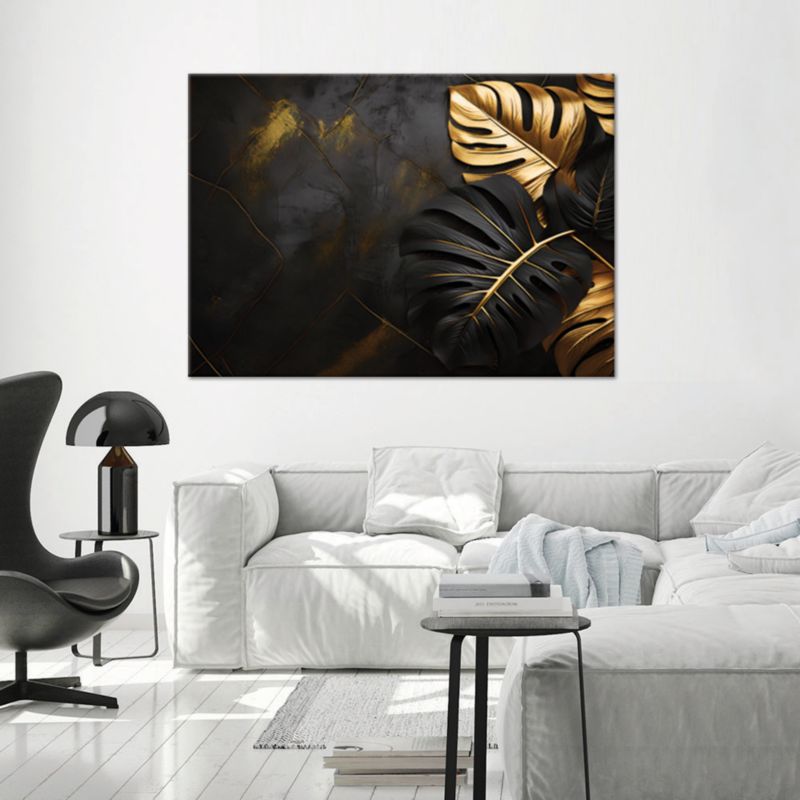 Obraz do salonu sypialni Feeby Liście Monstery Złoto Czarne Tło 100x70 cm 1szt